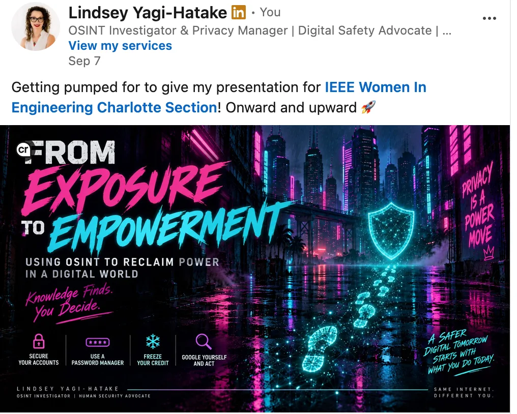 From Exposure to Empowerment: Using OSINT to Reclaim Power in a Digital World. Pink and cyan title graphic.